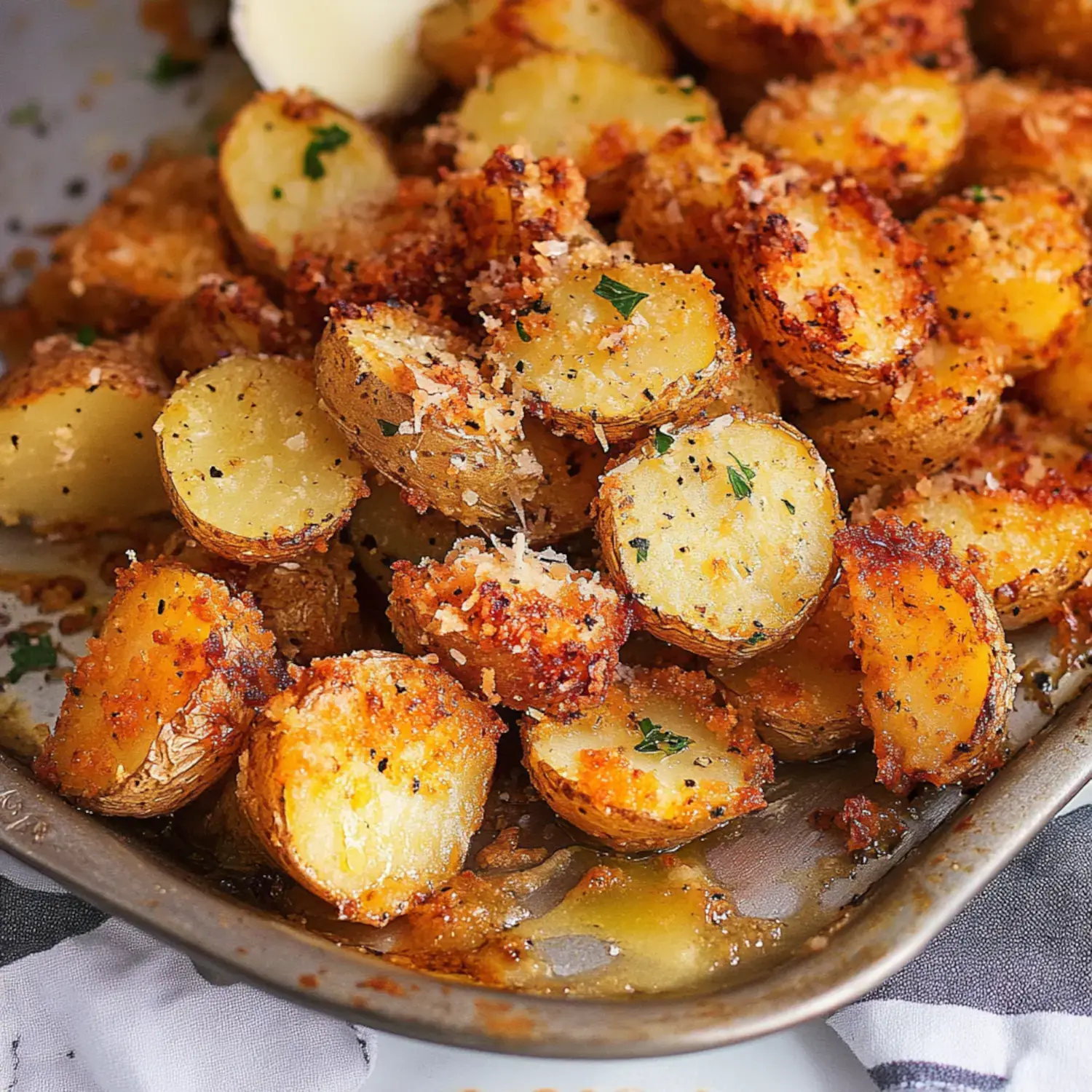 Golden potatoes baked to perfection, topped with herbs and cheese, served in a white bowl.