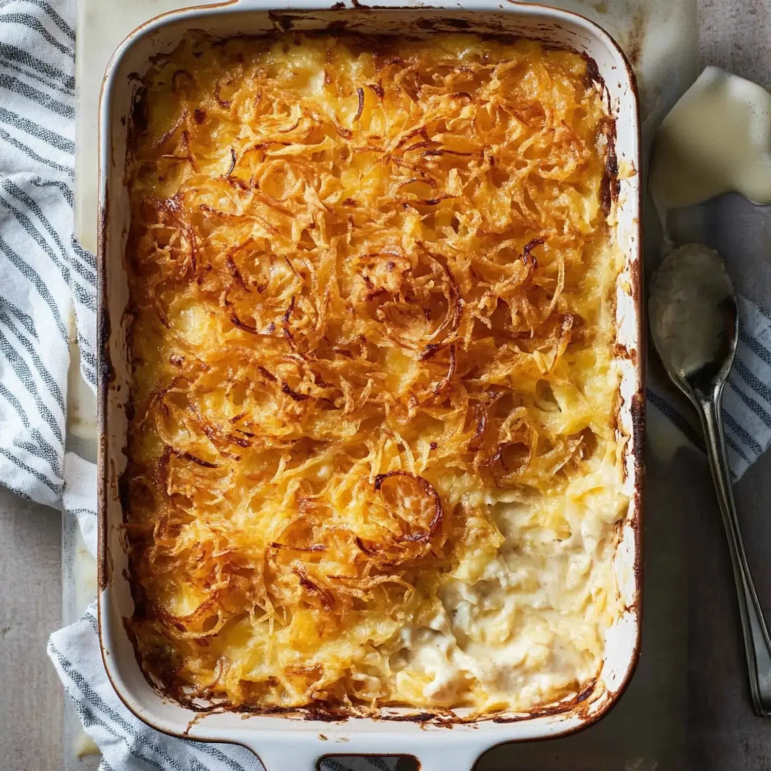 Golden baked potato casserole topped with crispy fried onions inside a white dish lying beside a striped napkin and silver spoon.