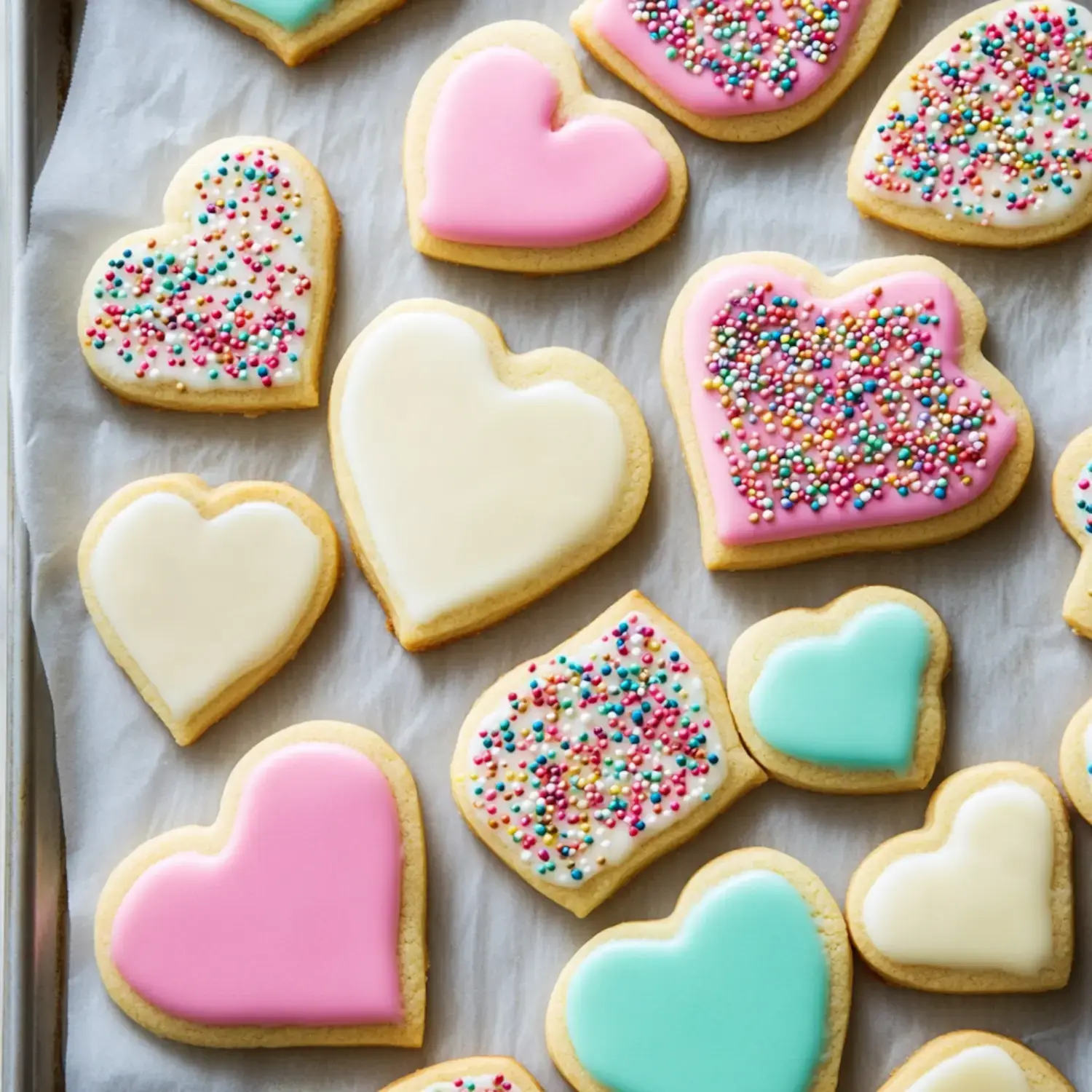 Heart-shaped cookies decorated with colorful icing and sprinkles on a baking tray.
