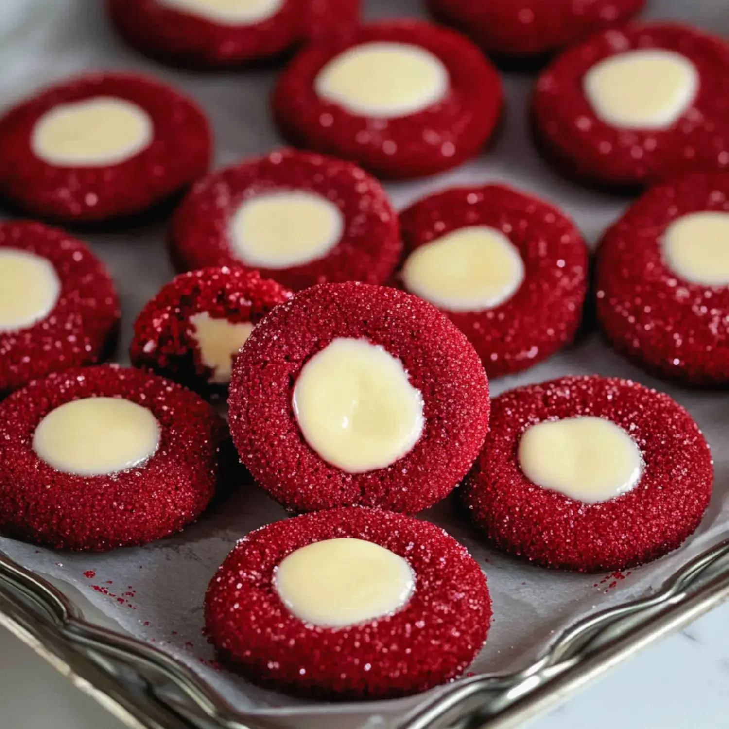 A batch of glittery red cookies with soft white filling, some partially eaten on a tray.