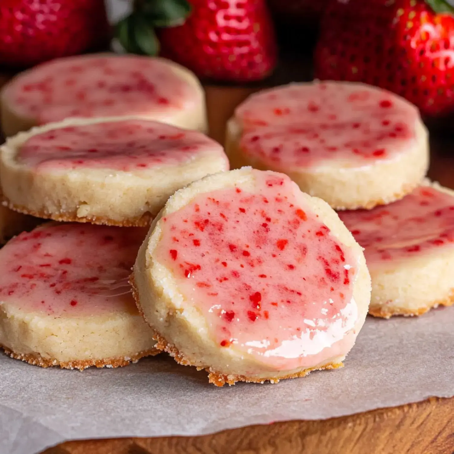 Several soft, pink-hued cookies with shiny strawberry glaze sitting on a wooden board. Fresh strawberries peek from the background.