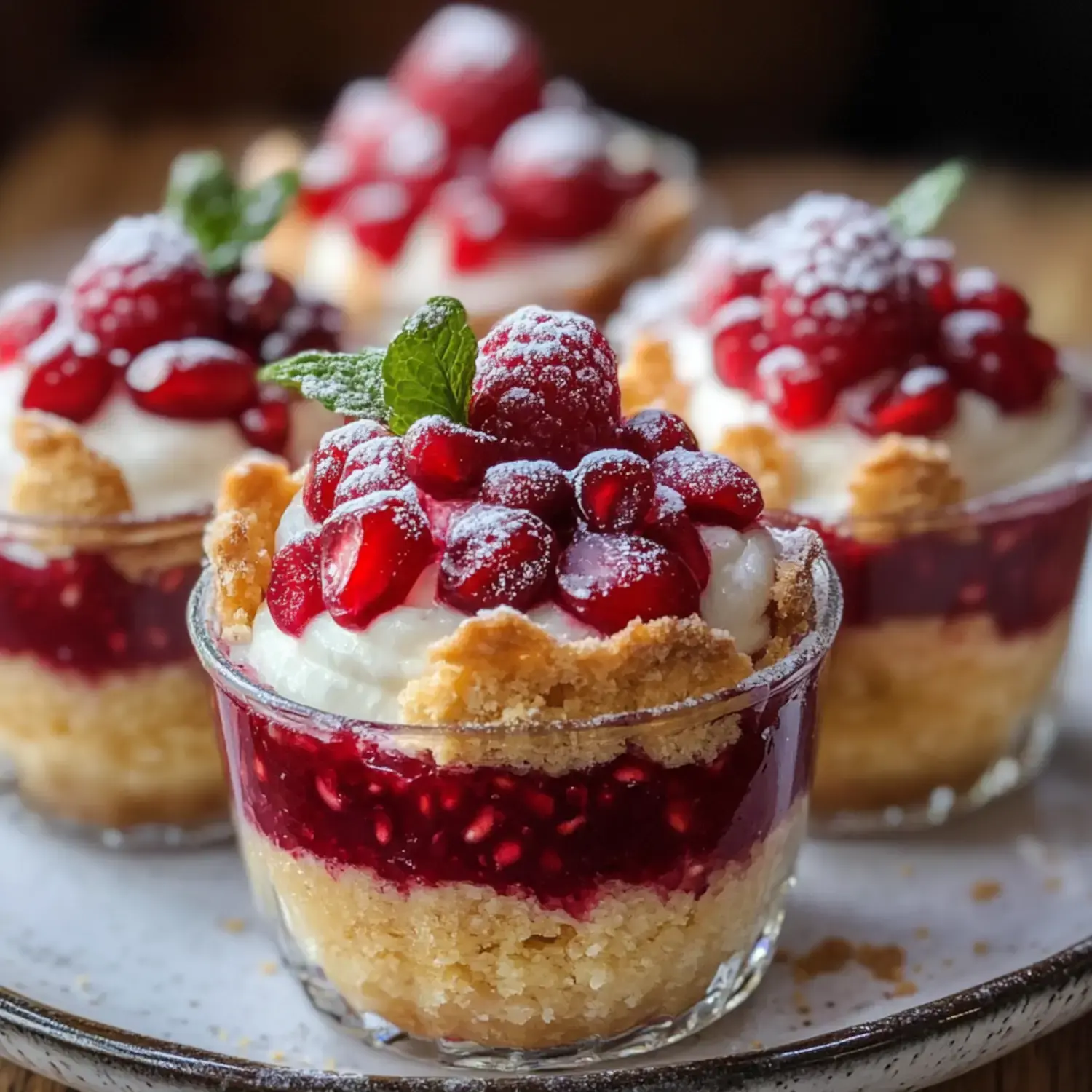 Four dessert cups with layers of whipped cream, raspberry jelly, cake bits, topped with pomegranate seeds and mint, lightly powdered with sugar.