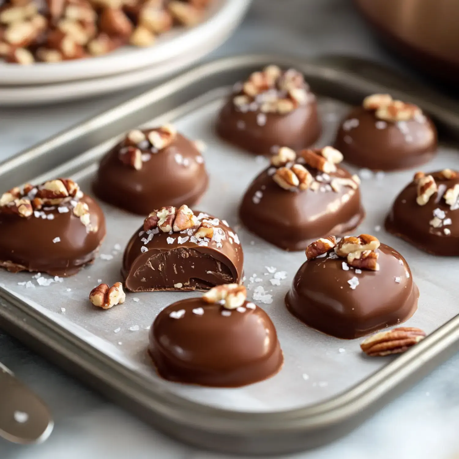 A tray showing pecan-studded chocolate candies with a sprinkle of sea salt. One candy is cut to show the soft filling inside.