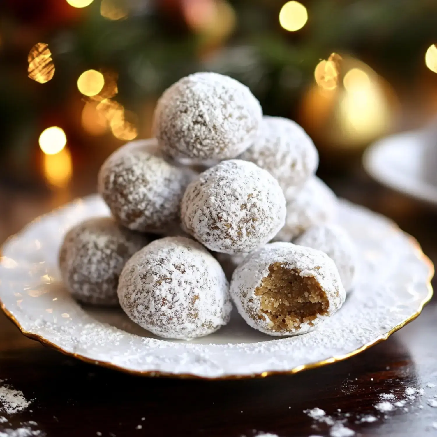 A tower of sugar-dusted cookies, with one showing the inside after a bite.
