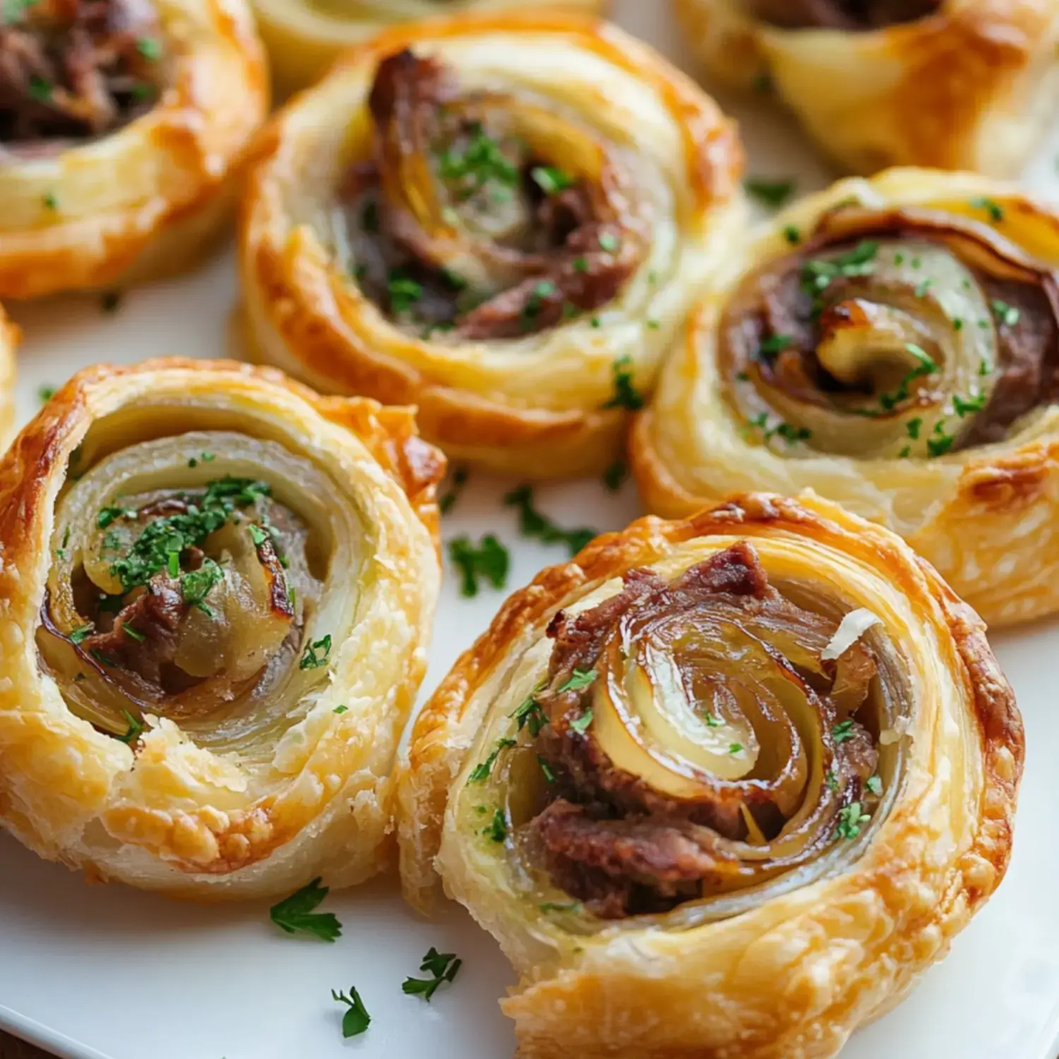 A plate of flaky spirals stuffed with beef and onions, sprinkled with fresh parsley.