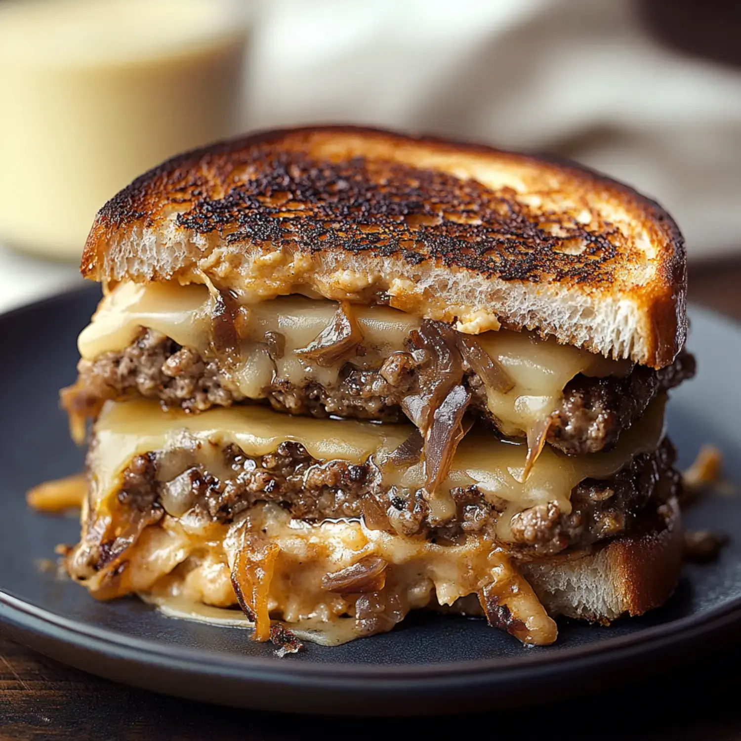 Zoomed-in view of a toasted sandwich layered with melted cheese, ground beef, and golden onions, served on a dark plate.