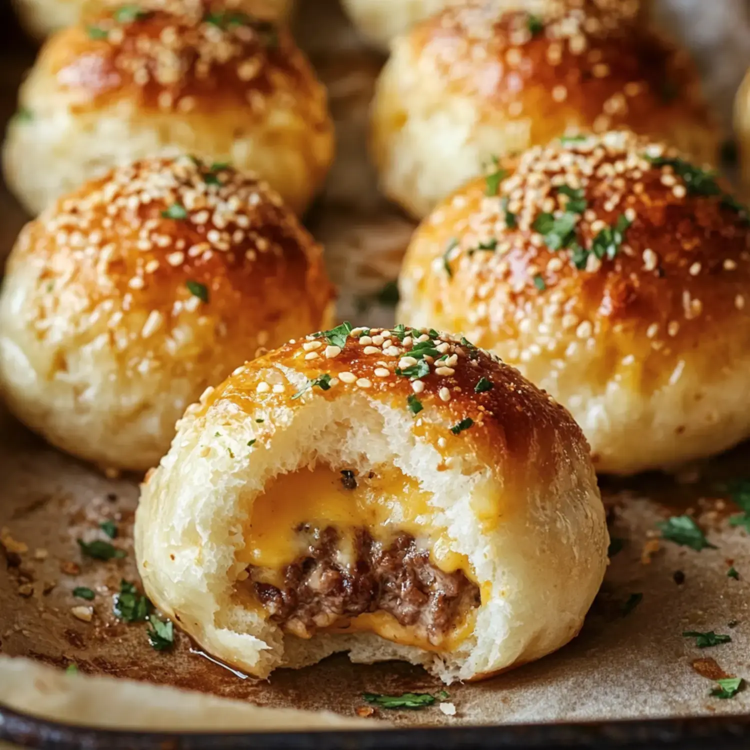 A golden bread roll topped with sesame seeds, half-eaten to reveal melted cheese and beef filling, alongside more rolls in the background.