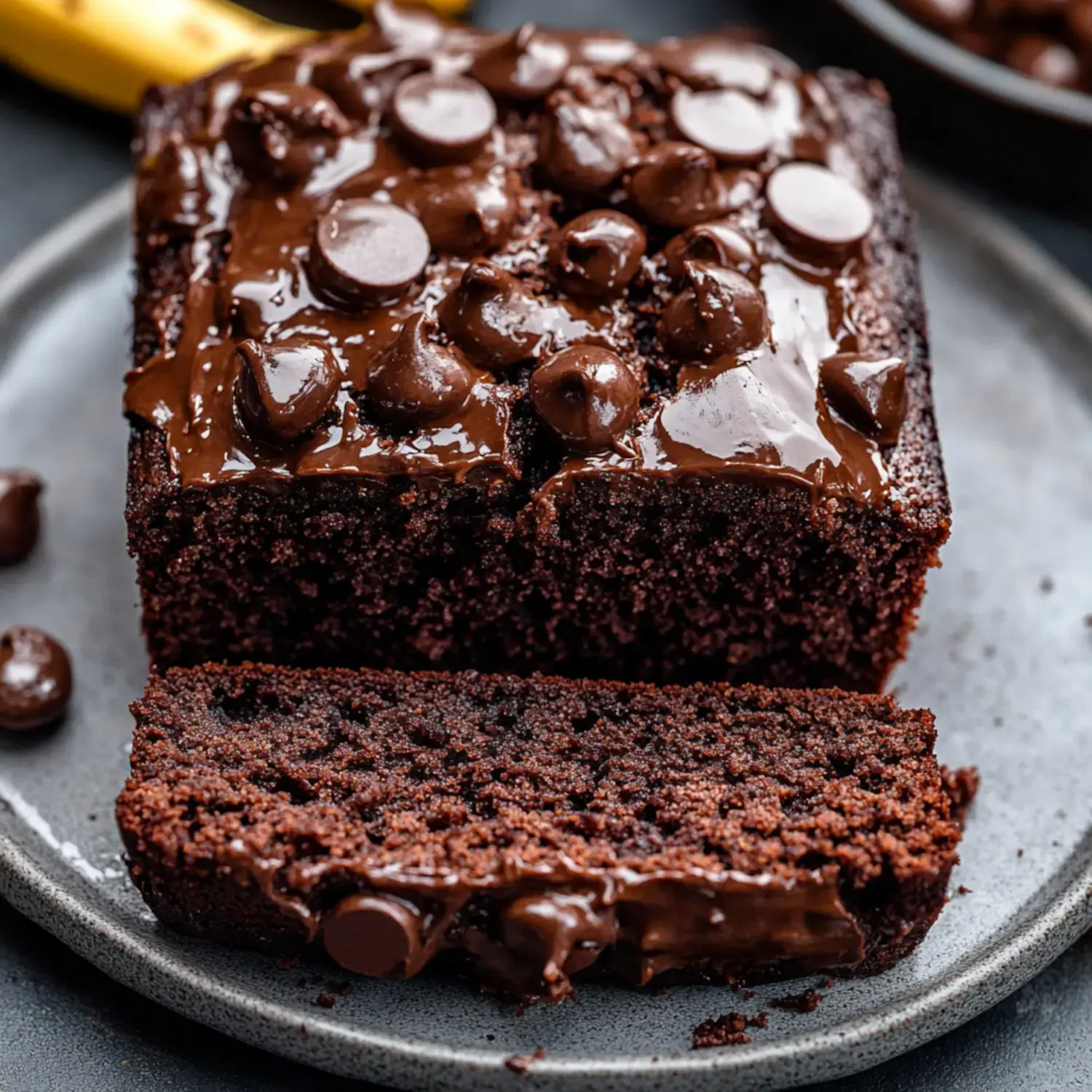 A loaf with a deep chocolate color and a slice showing gooey melted chocolate on top.