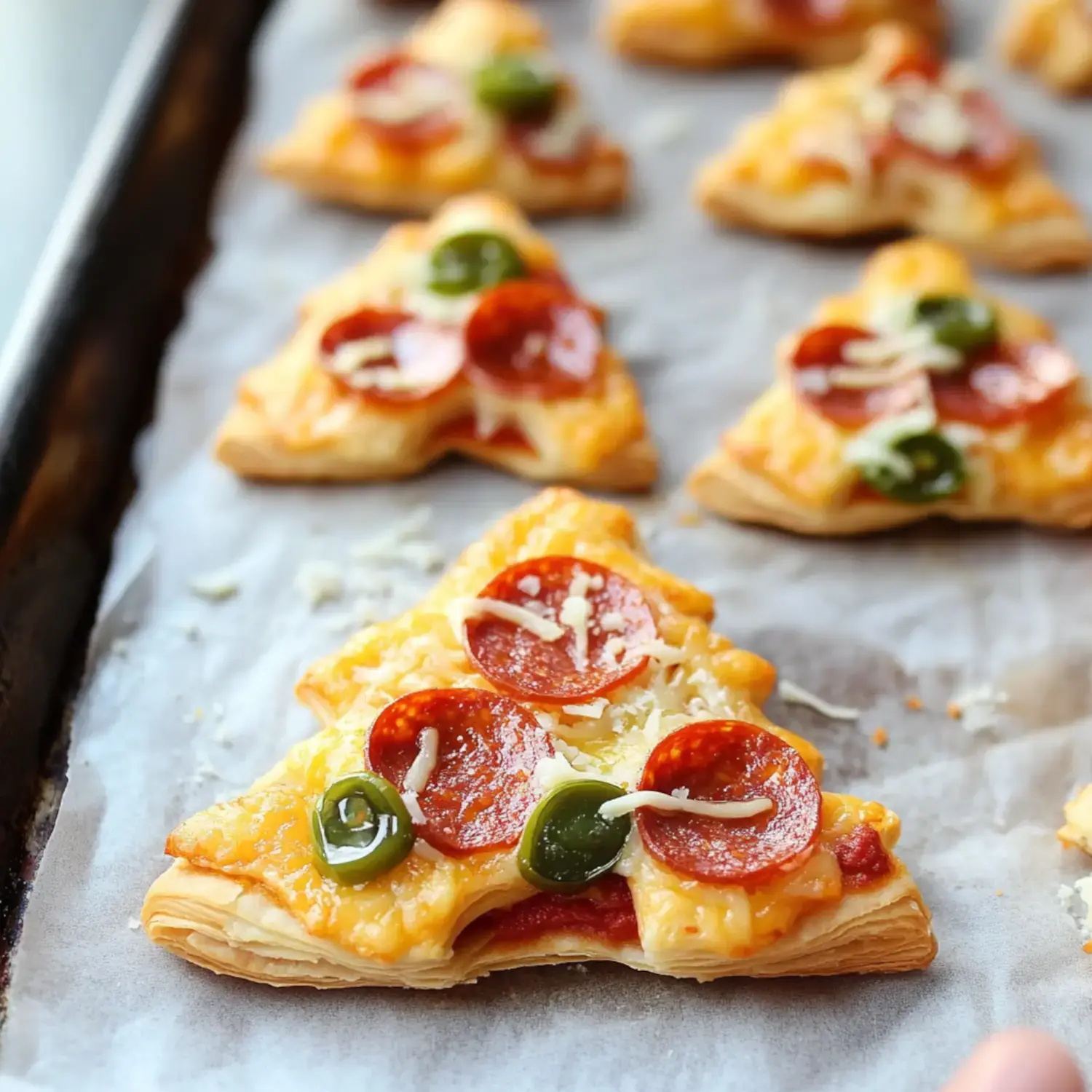 A tray of triangular pizza snacks with melted cheese, green peppers, and pepperoni slices.