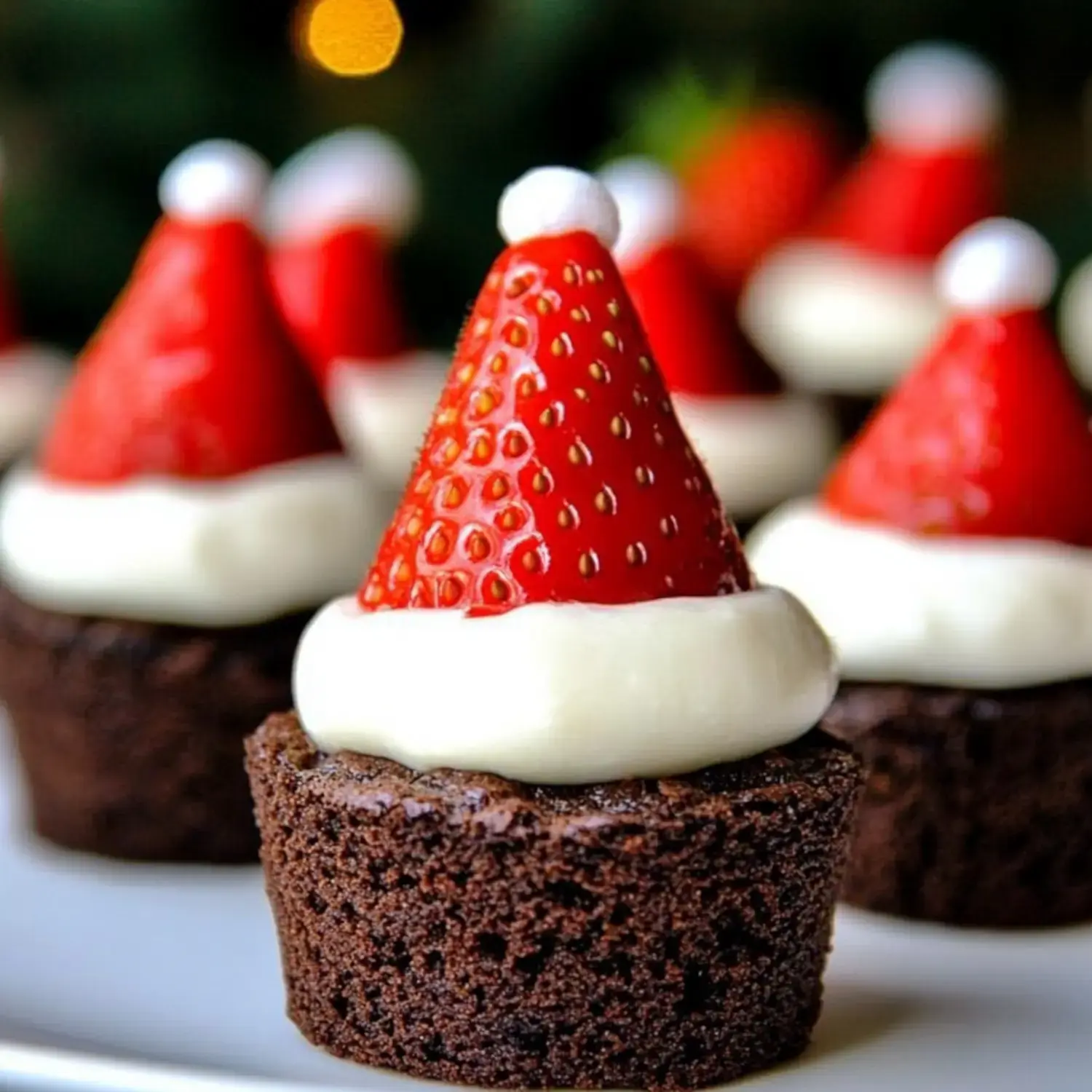 Close view of fudgy chocolate brownies topped with white vegan cream and fresh strawberries shaped like Santa hats.
