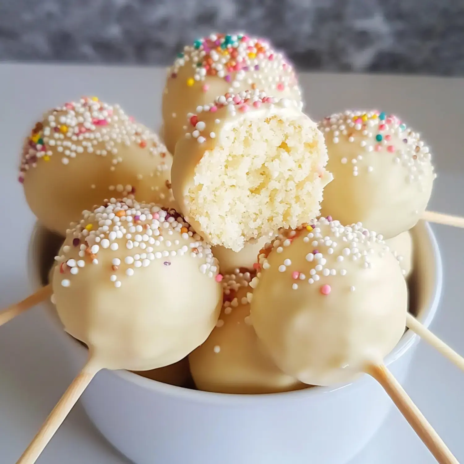 Colorful sprinkles on white chocolate-coated cake pops, with one showing a bite inside.