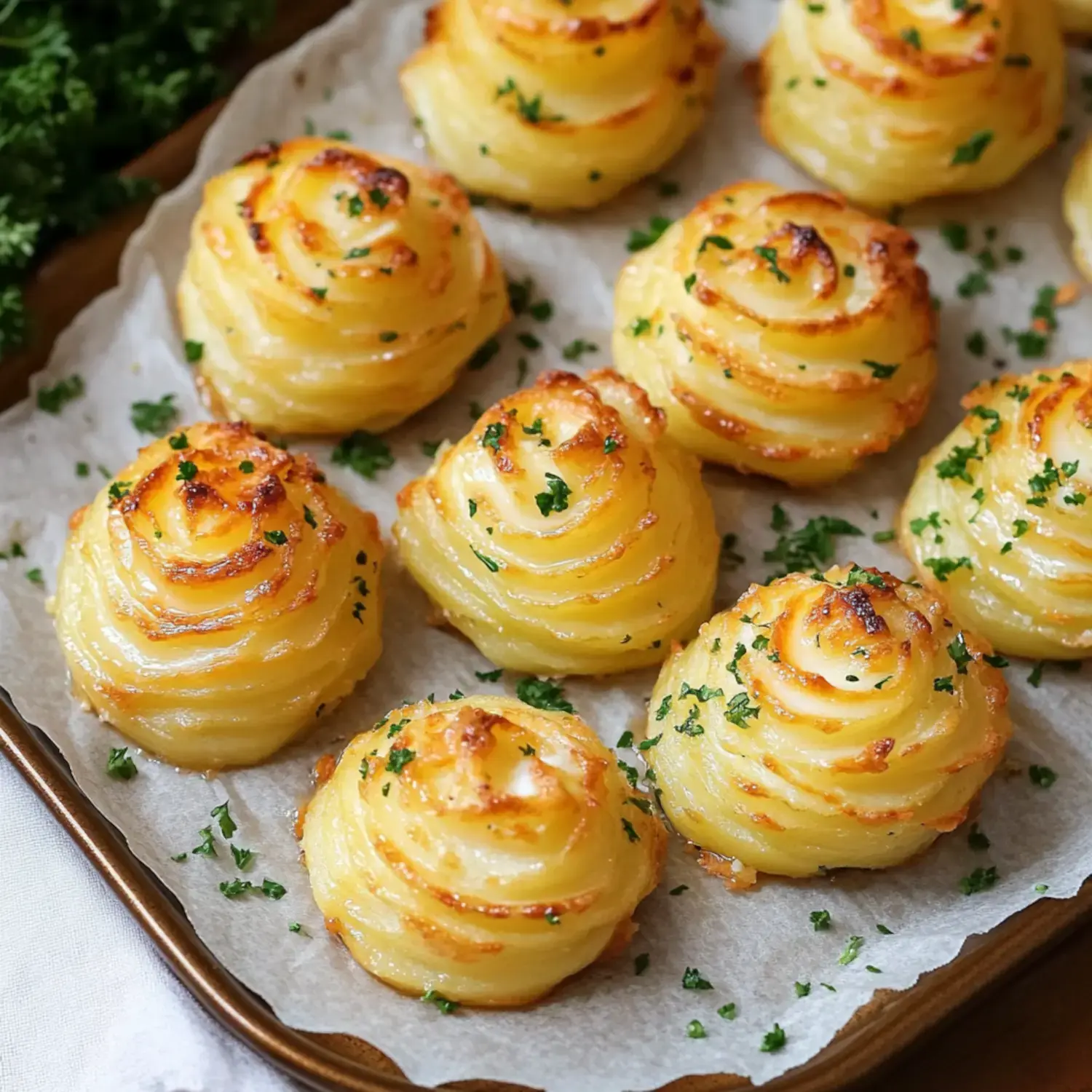 Golden potato swirls atop a tray, garnished with parsley.