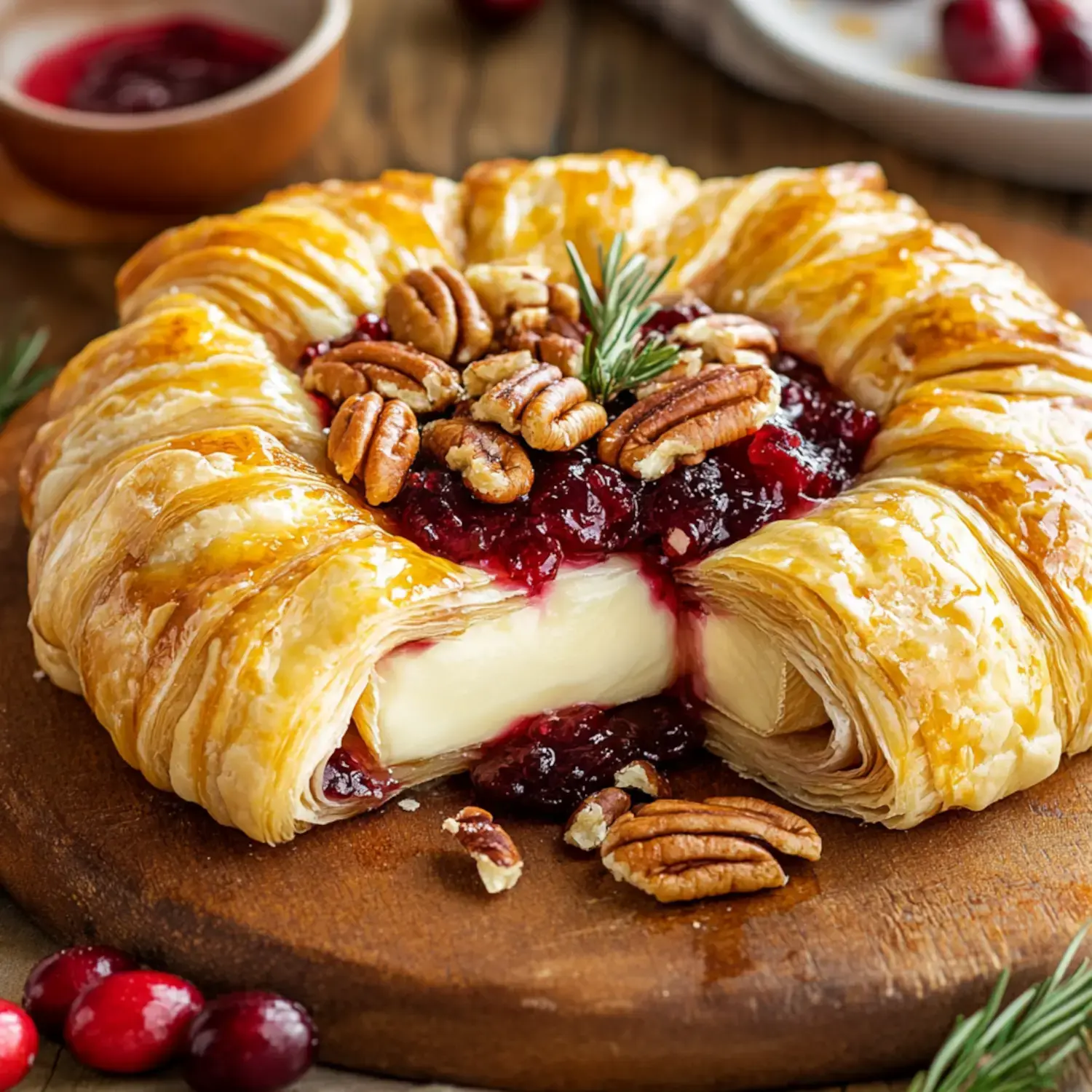 Warm brie wrapped in golden pastry, topped with cranberries and pecans, sitting on a wooden platter with rosemary garnish.