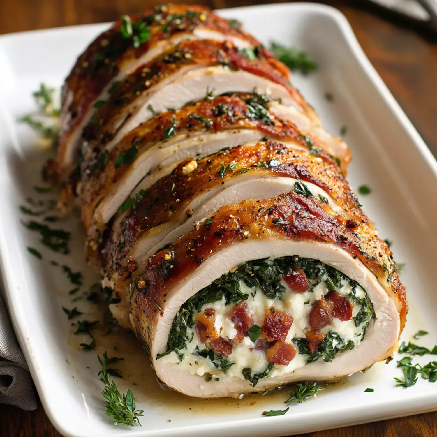 Crispy turkey breast slices stuffed with spinach, cheese, and bacon on a simple serving dish.