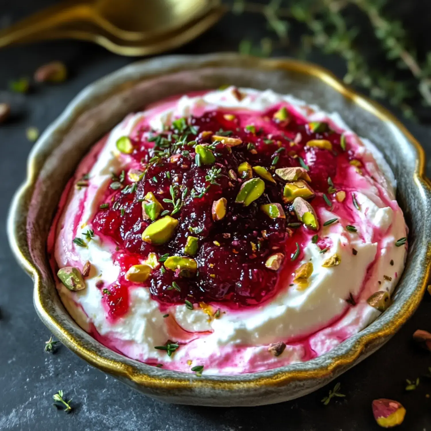 A bowl full of smooth, creamy feta layered with vibrant cranberry topping, nuts, and fresh herbs on a moody backdrop.