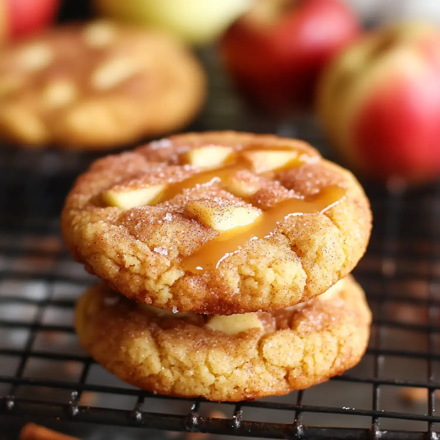 Two stacked apple cookies with caramel on a cooling rack, apples blurred in the back.