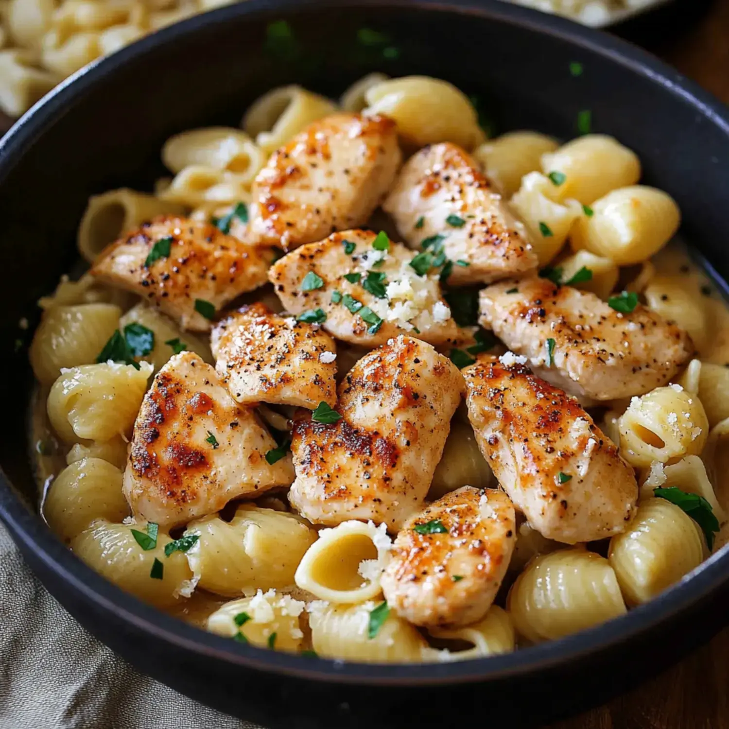 Black bowl holding creamy pasta shells and grilled chicken pieces sprinkled with parsley.