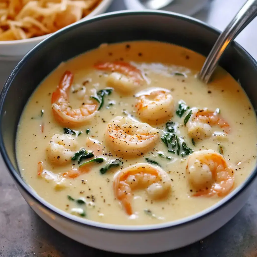 A steaming bowl of creamy shrimp and spinach soup, sprinkled with black pepper.