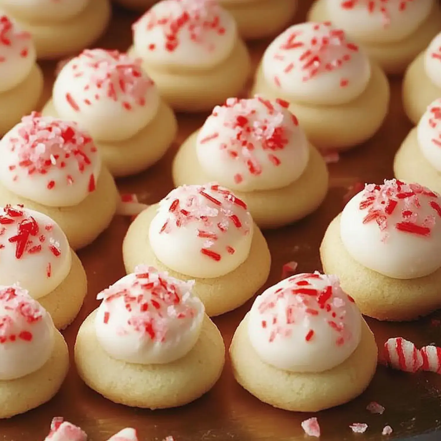 Close-up of golden cookies with white frosting and red sprinkles, neatly arranged for a festive look.