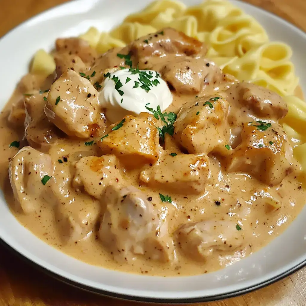 A hearty plate of chicken in a creamy, paprika-rich sauce served next to noodles. Garnished with parsley and a dollop of sour cream on top.