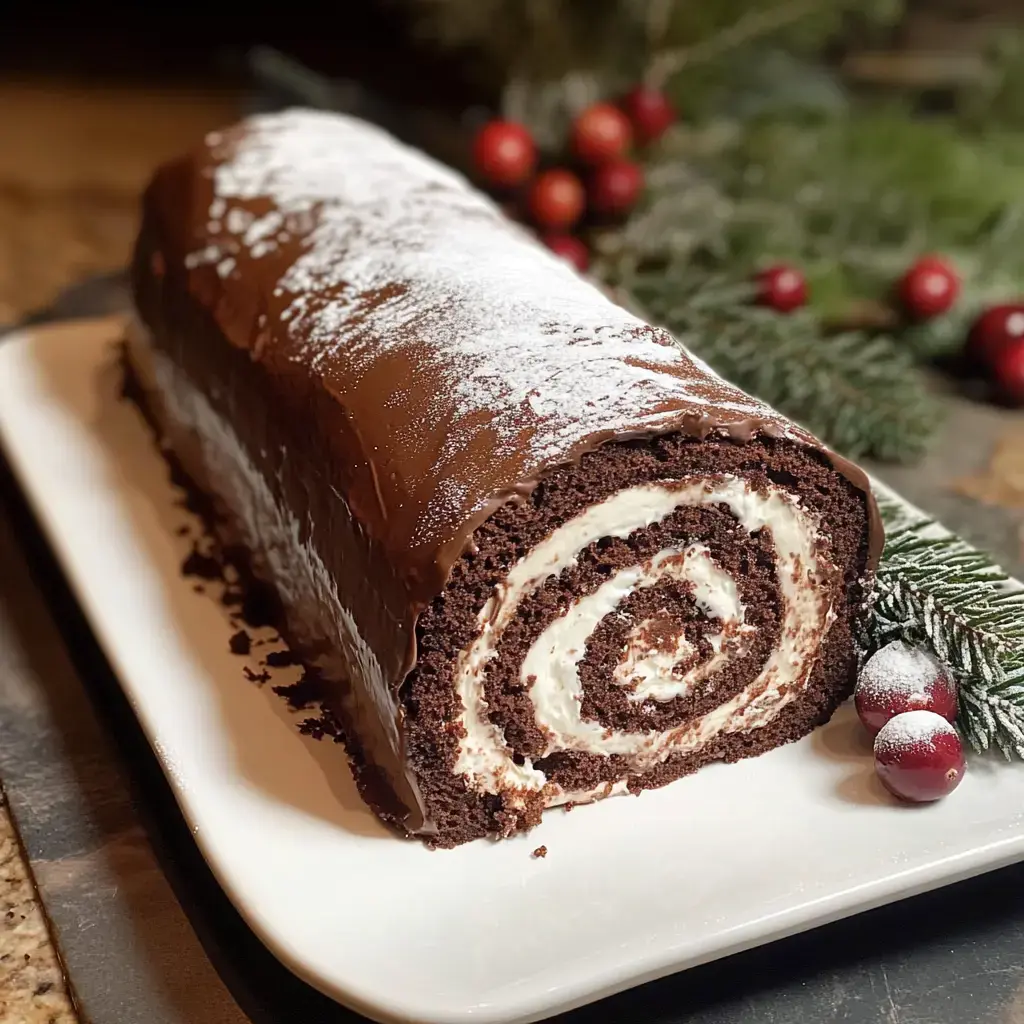 A chocolate log-style cake dusted with white sugar, decorated with red berries and green branches on a white dish.