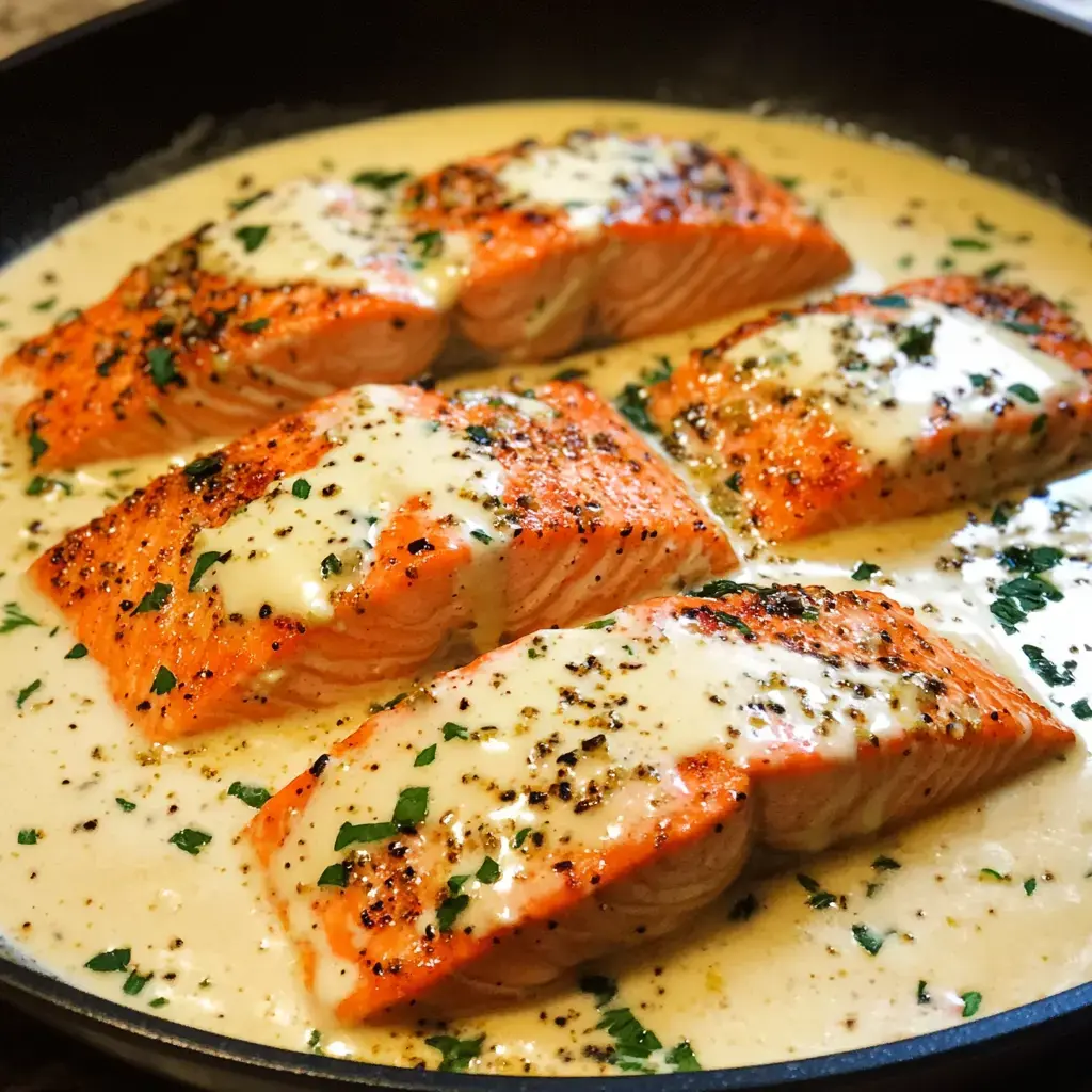 Four salmon fillets cooking in a skillet with a creamy, herb-filled sauce.