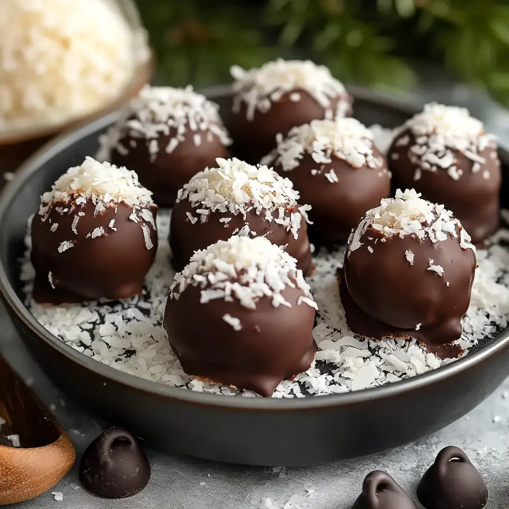 A gray surface holds a plate of chocolate-dipped coconut bites topped with shredded coconut.