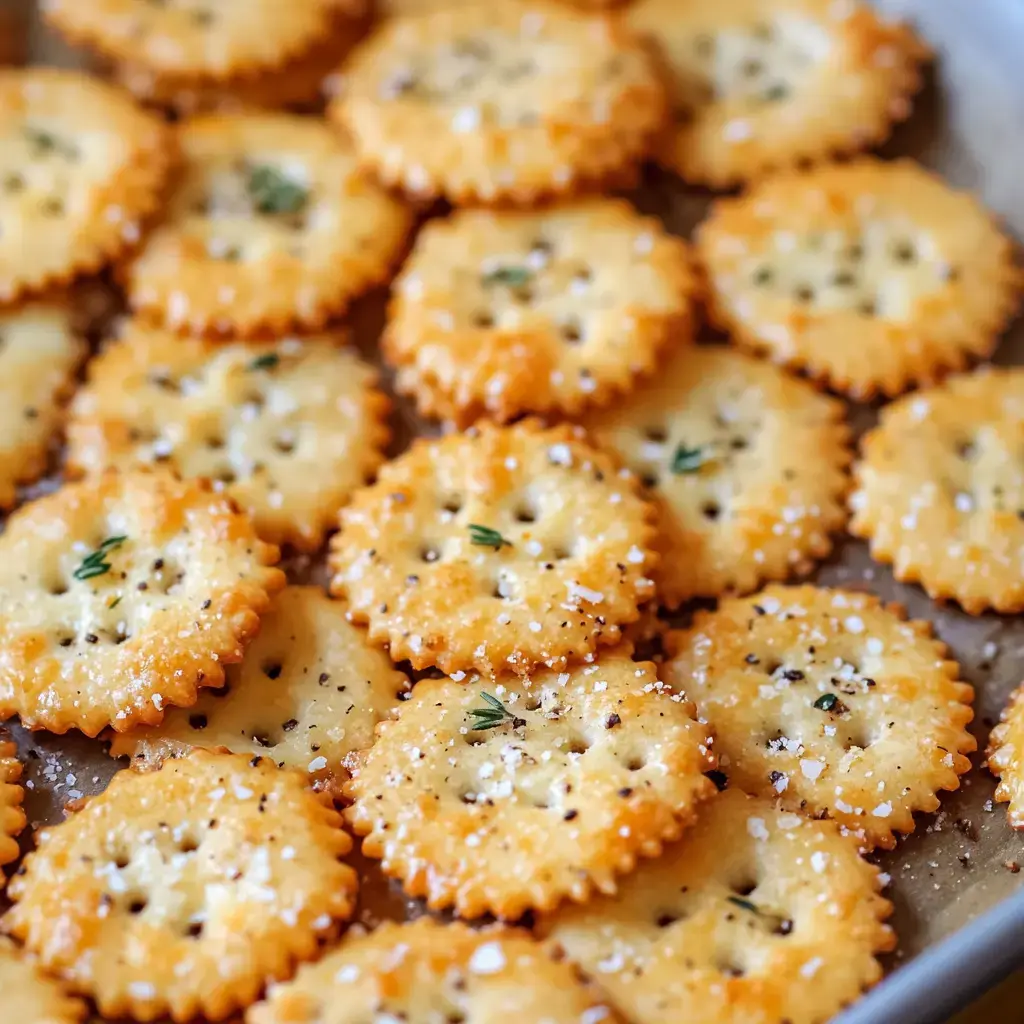 Golden, seasoned crackers arranged on a baking sheet.