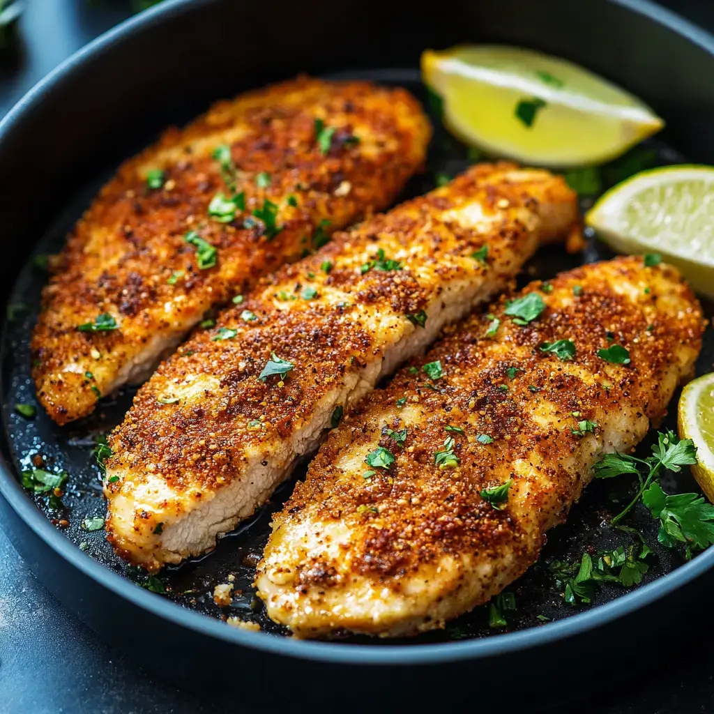 Three golden-brown fish fillets with parsley and lemon slices on a black skillet.