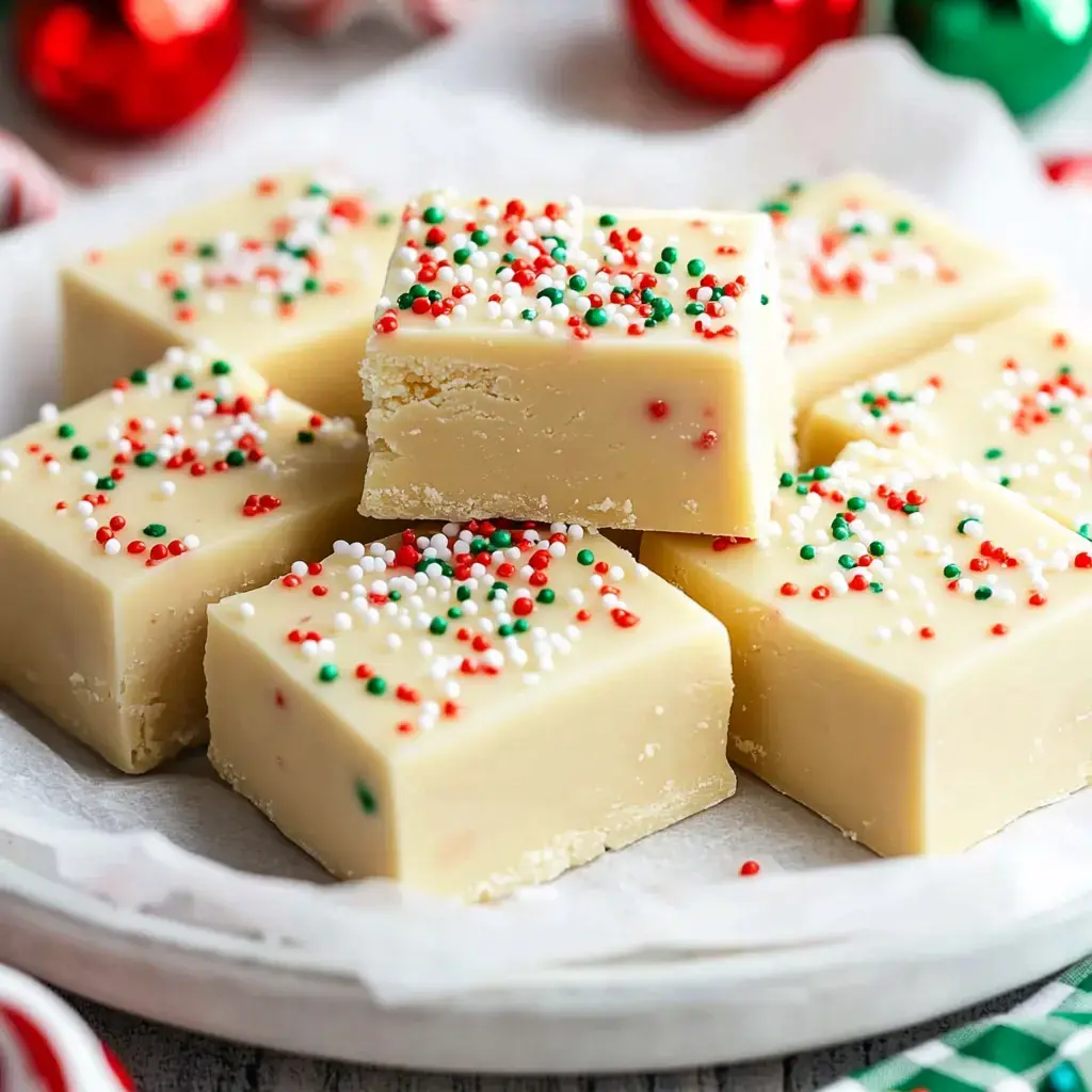 Squares of creamy white fudge topped with festive red, green, and white sprinkles.