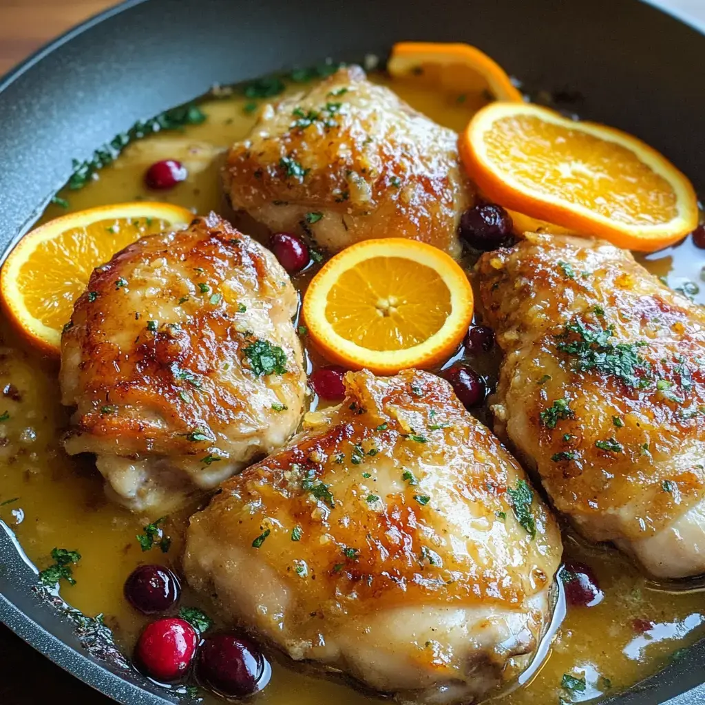 Golden-brown chicken thighs in a tangy orange-cranberry sauce, garnished in a skillet.