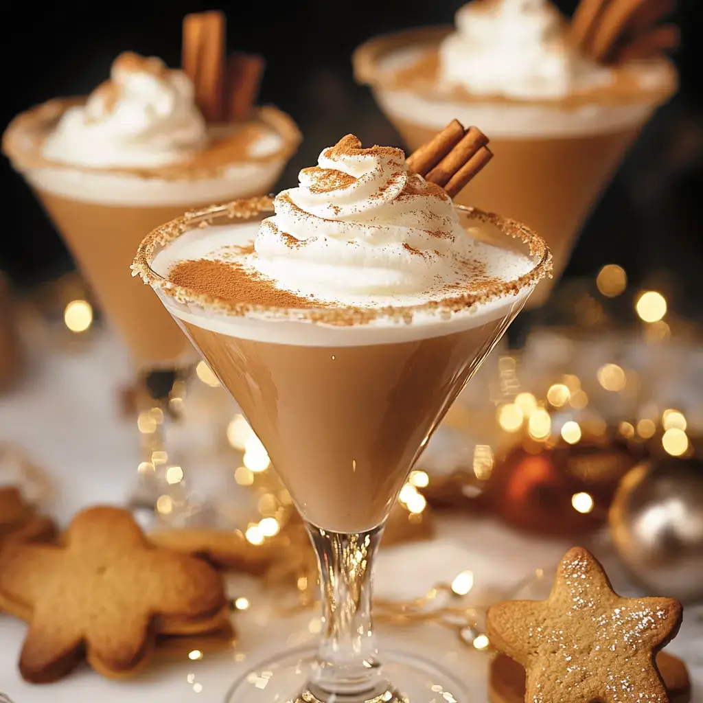 Three cheerful cocktails topped with whipped cream, cinnamon sticks, and a sprinkle of spices, alongside gingerbread cookies, in a cozy holiday setting.