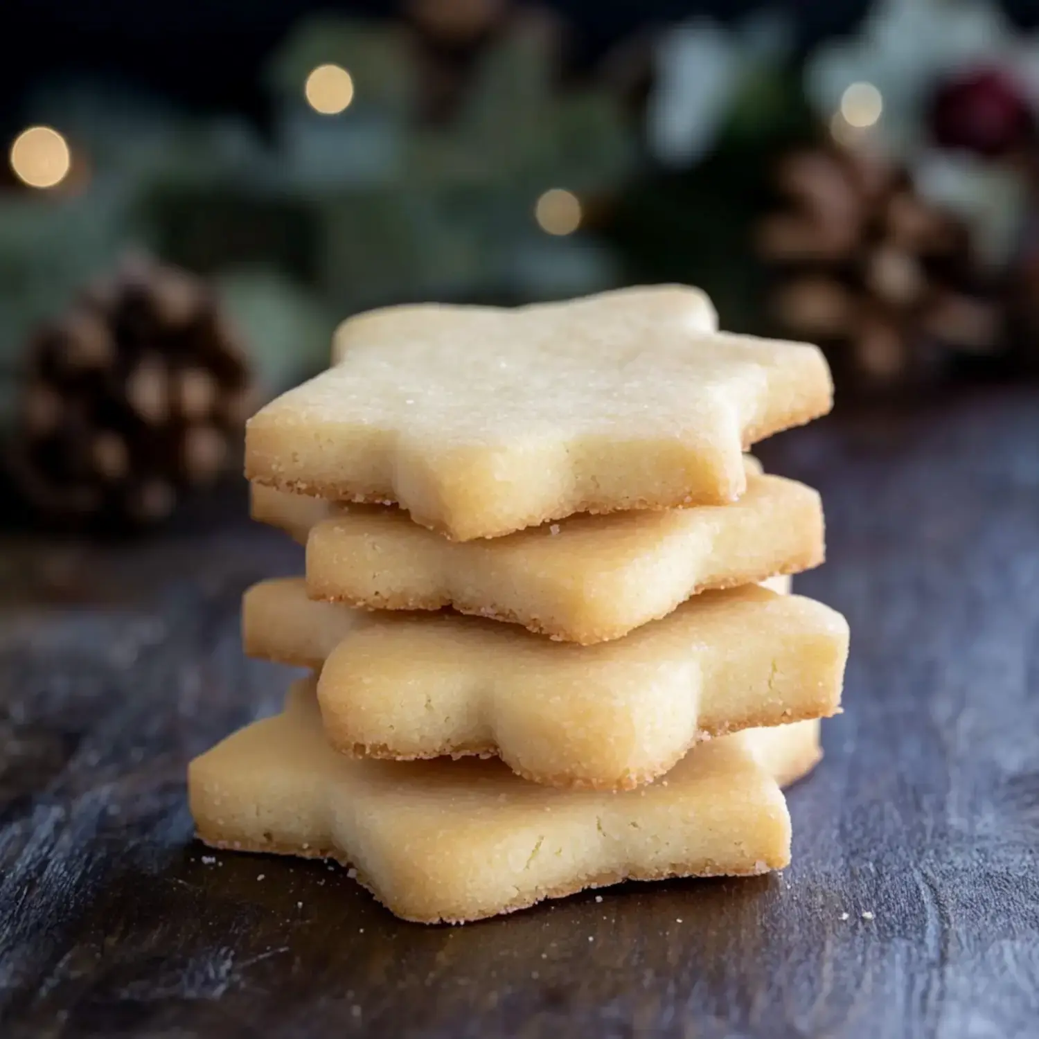 Four star-shaped cookies stacked on a wooden table, with soft festive decorations in the background.