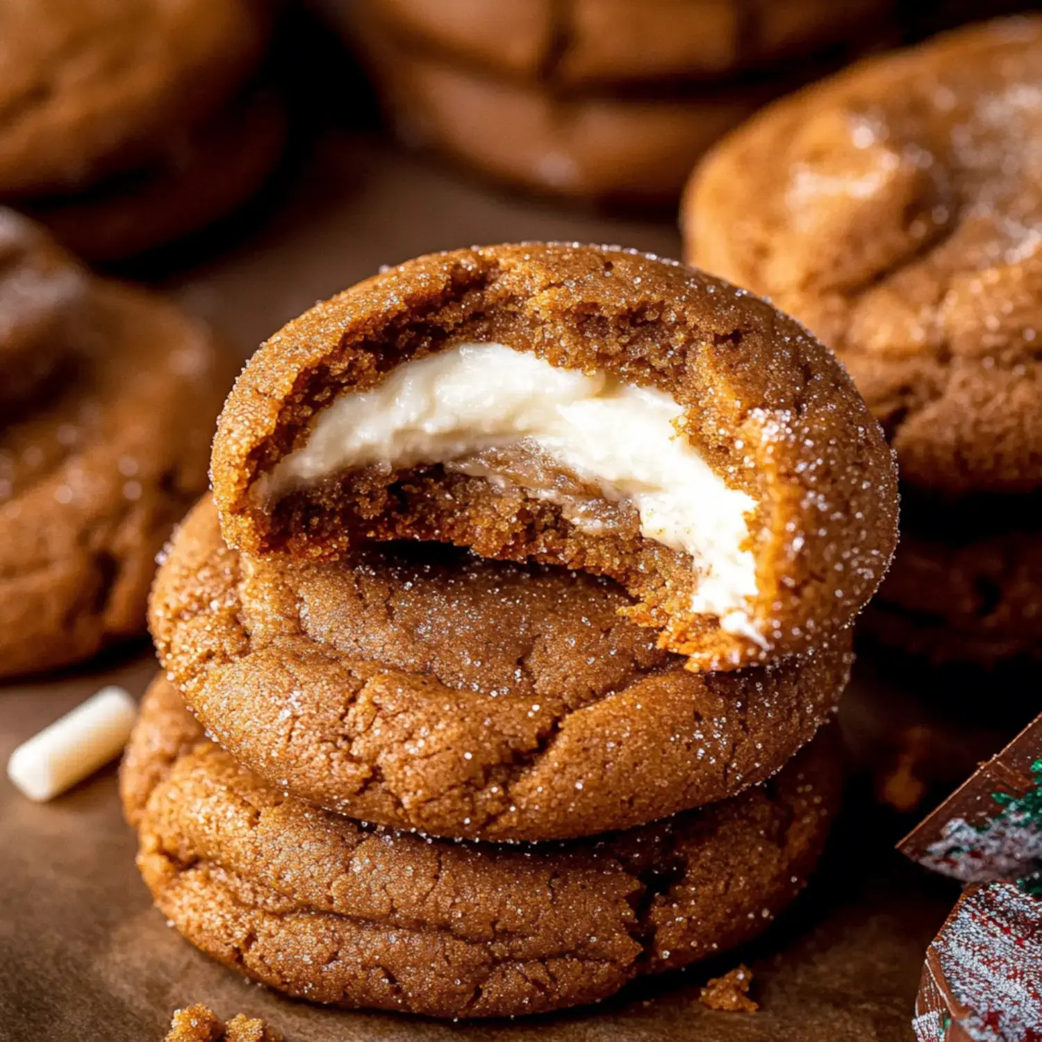 Stacked soft ginger cookies with a creamy center, one partially eaten, placed next to more cookies.