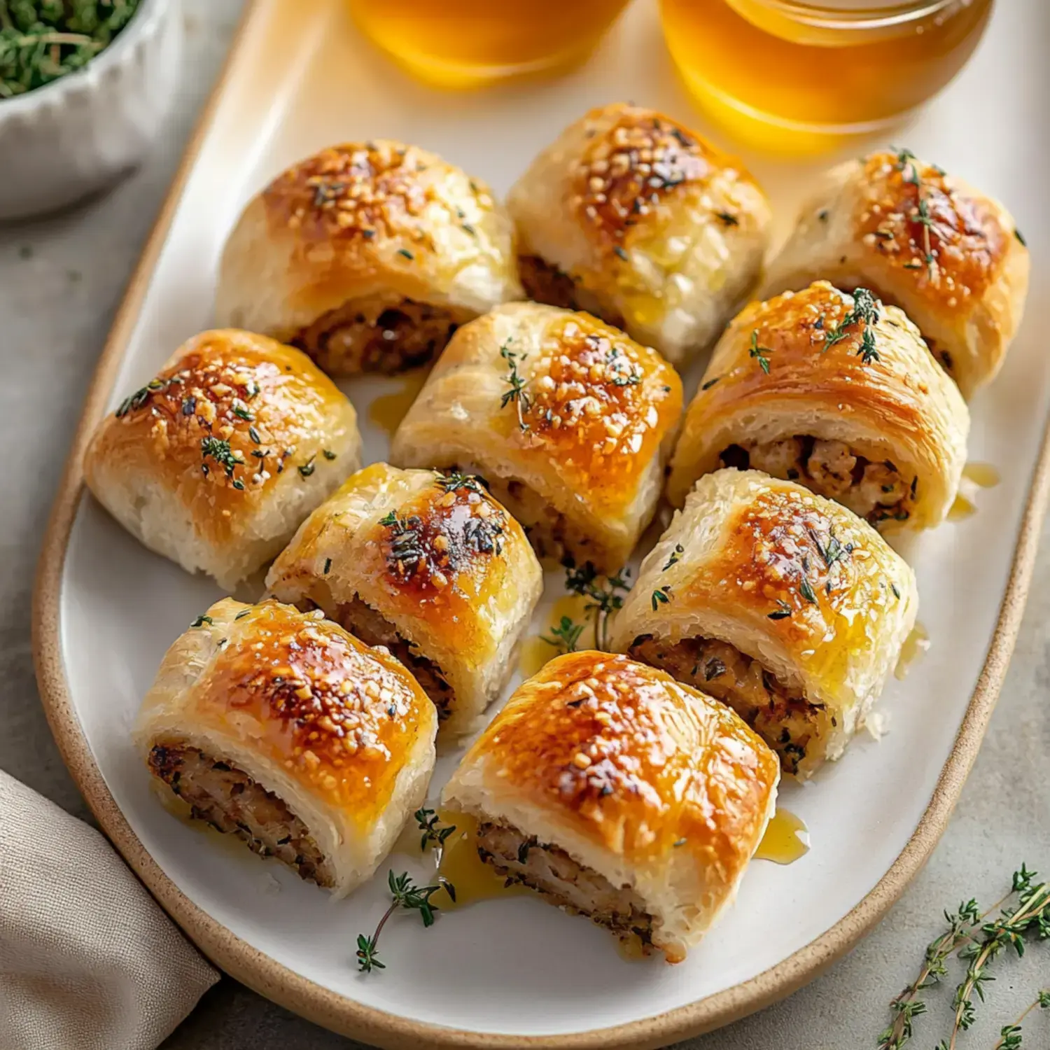 A dish of golden puff pastry rolls filled with savory sausage, garnished with herbs, and served with jars of honey.