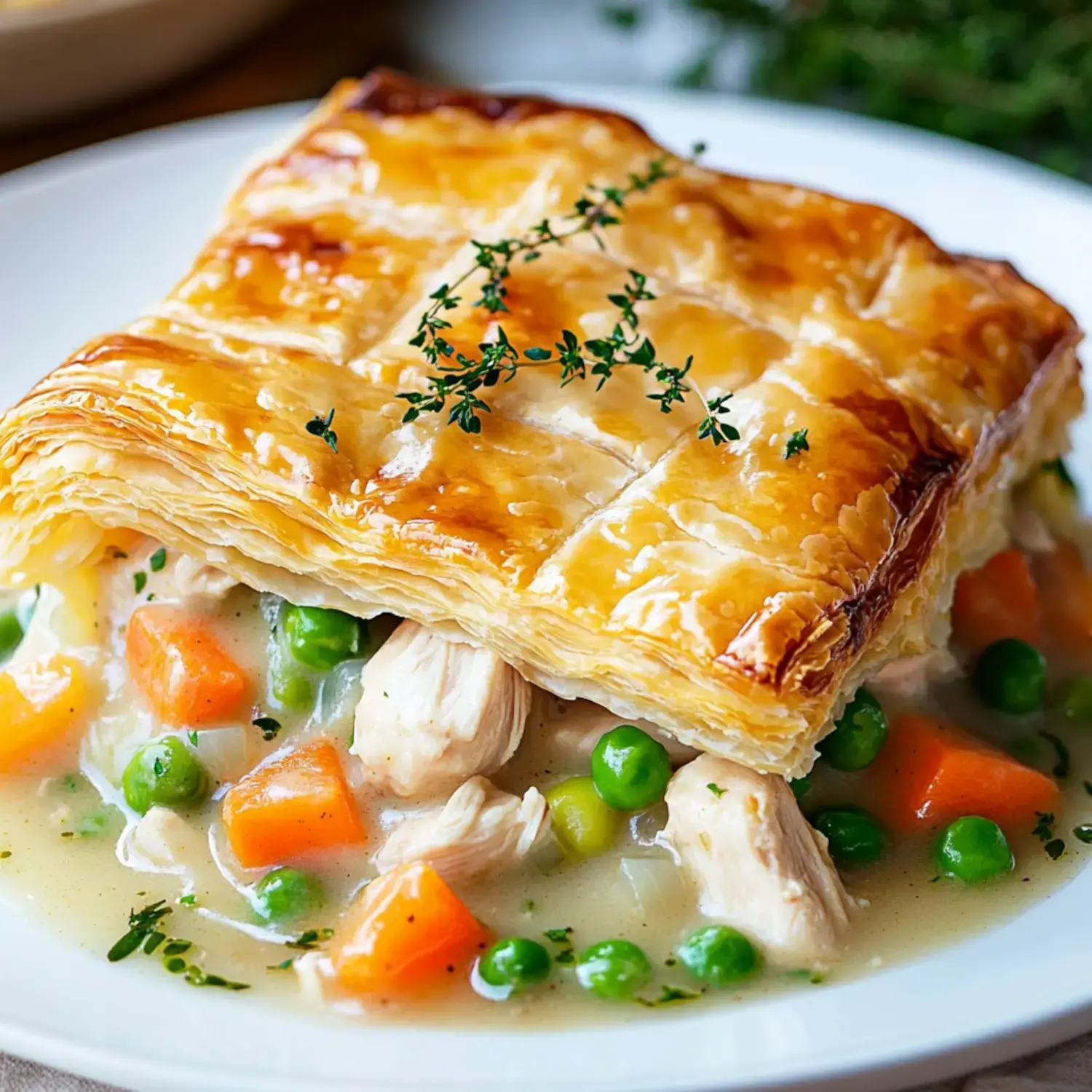 A creamy chicken and veggie filling, topped with golden puff pastry and sprigs of thyme, served on a plate.