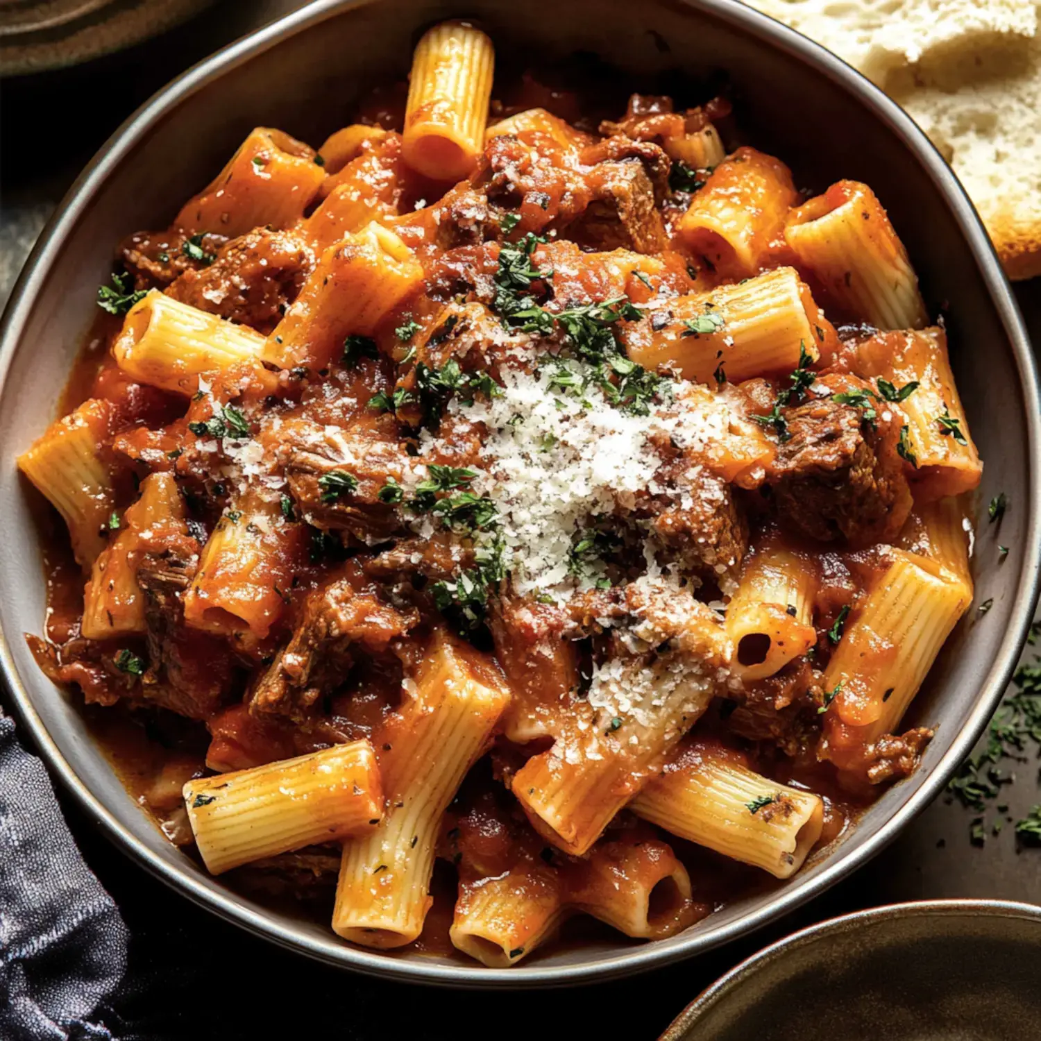 Rigatoni pasta in a tomato-based sauce with beef and sausage, sprinkled with parsley and cheese, served with bread.
