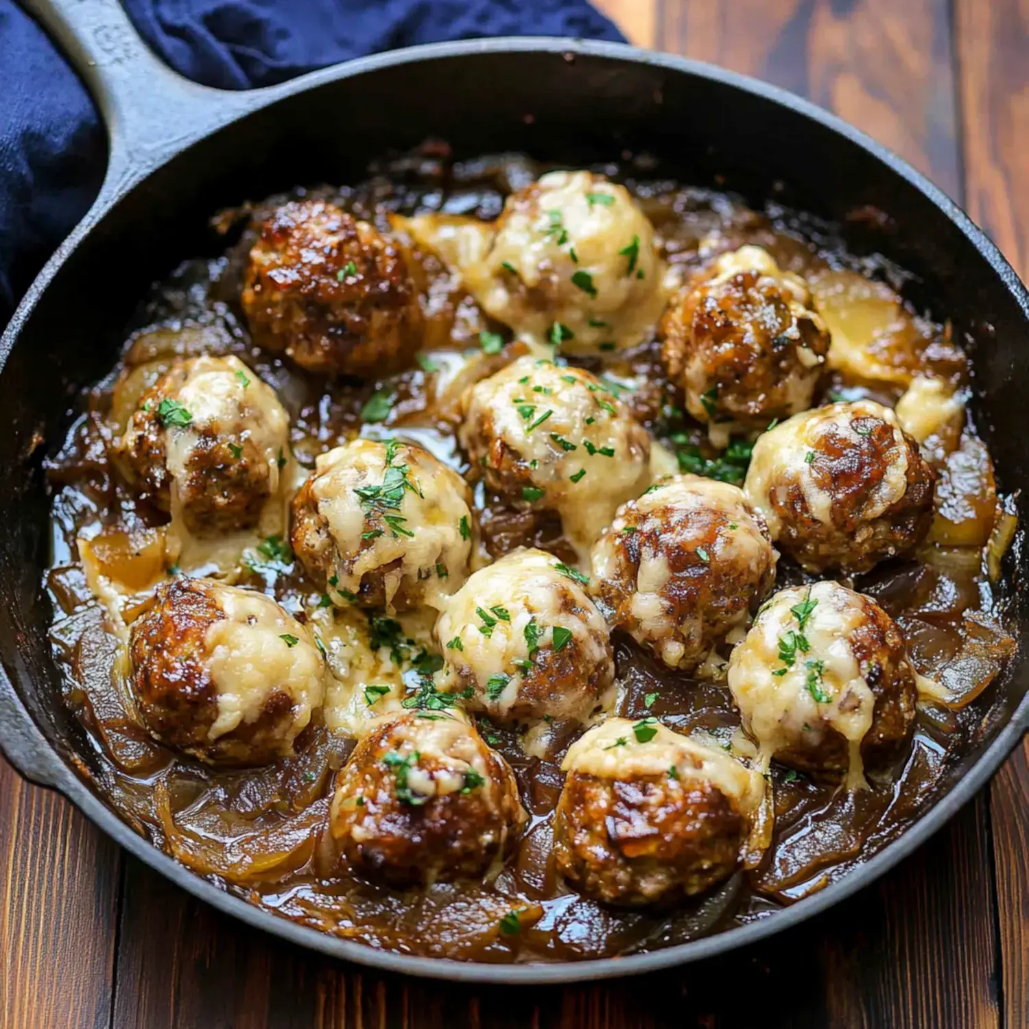Skillet full of cheesy meatballs sprinkled with parsley, surrounded by a rich brown onion sauce.