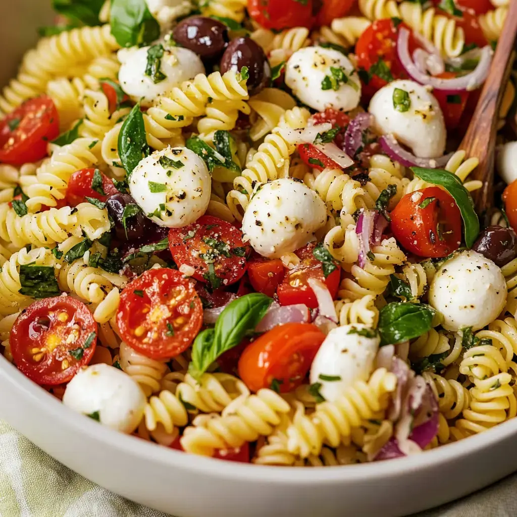 A colorful close-up salad with pasta spirals, cherry tomatoes, fresh basil, mozzarella balls, and olives in a big bowl.