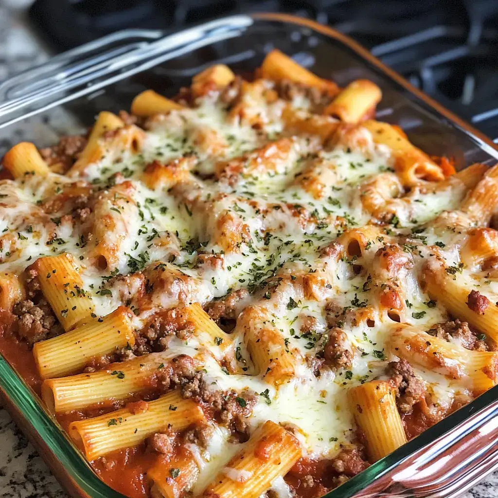 Close-up of baked rigatoni pasta with meat sauce, melted cheese, and herbs in a glass dish.