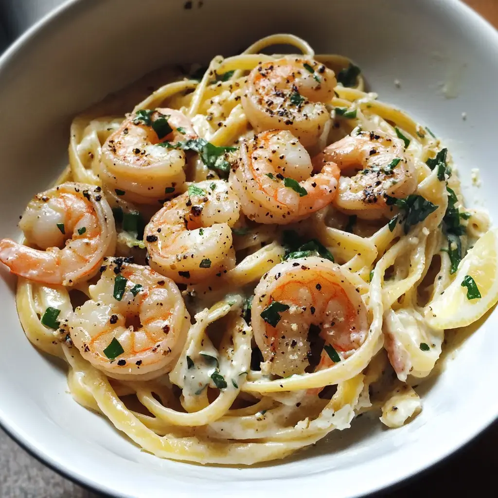 A dish of linguine loaded with shrimp, fresh parsley, and a sprinkle of black pepper.