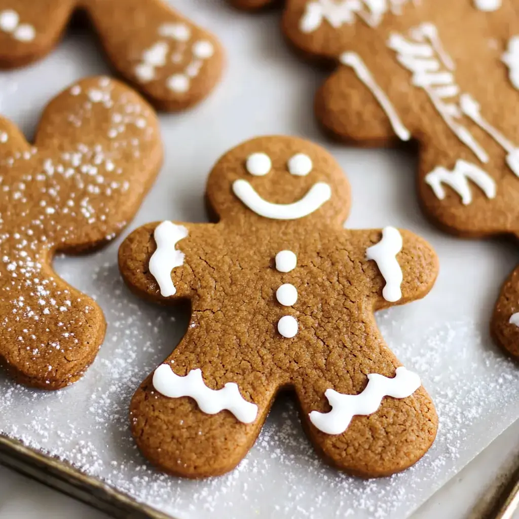 Decorated gingerbread men with white icing and powdered sugar on top, captured close-up.