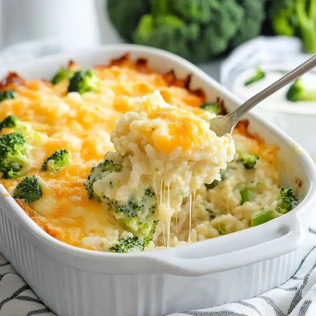 A spoon serves a cheesy broccoli and rice casserole from a white dish, with gooey cheese stretching from the plate.