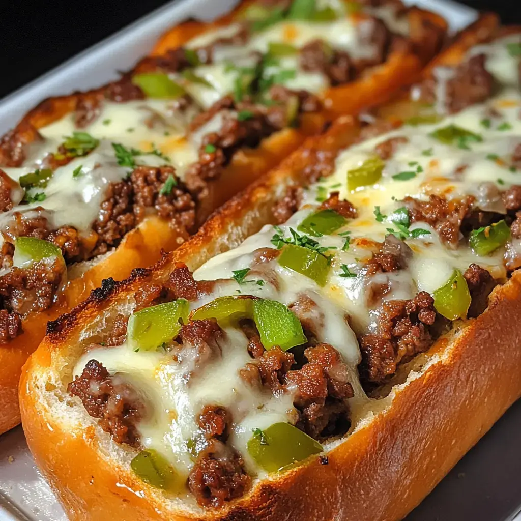 Crispy bread topped with tender steak, melted cheese, sautéed peppers, and sprinkled parsley.
