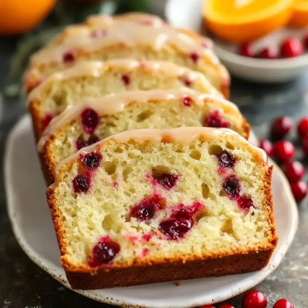 A fresh loaf of orange cranberry bread sliced and glazed, garnished with vibrant berries and an orange on a plate.
