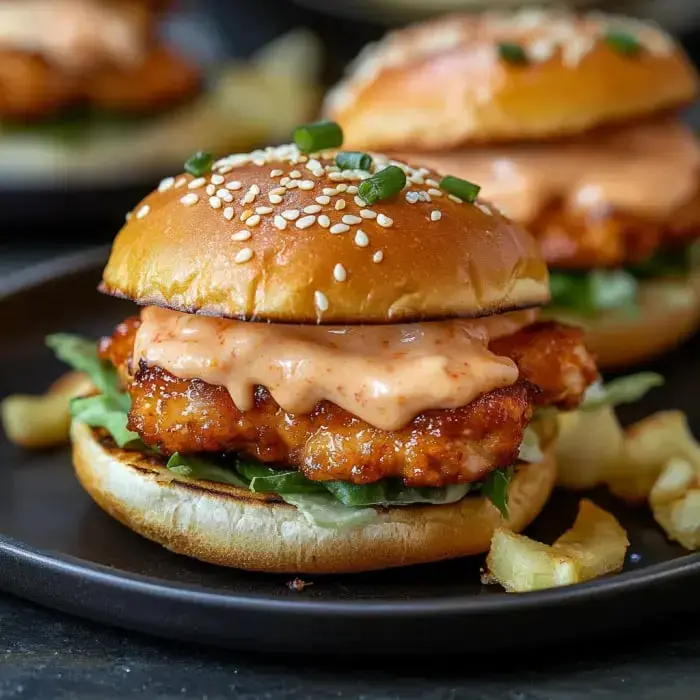 Close view of a crunchy chicken sandwich with spicy sauce, green onions, and lettuce on a sesame bun.