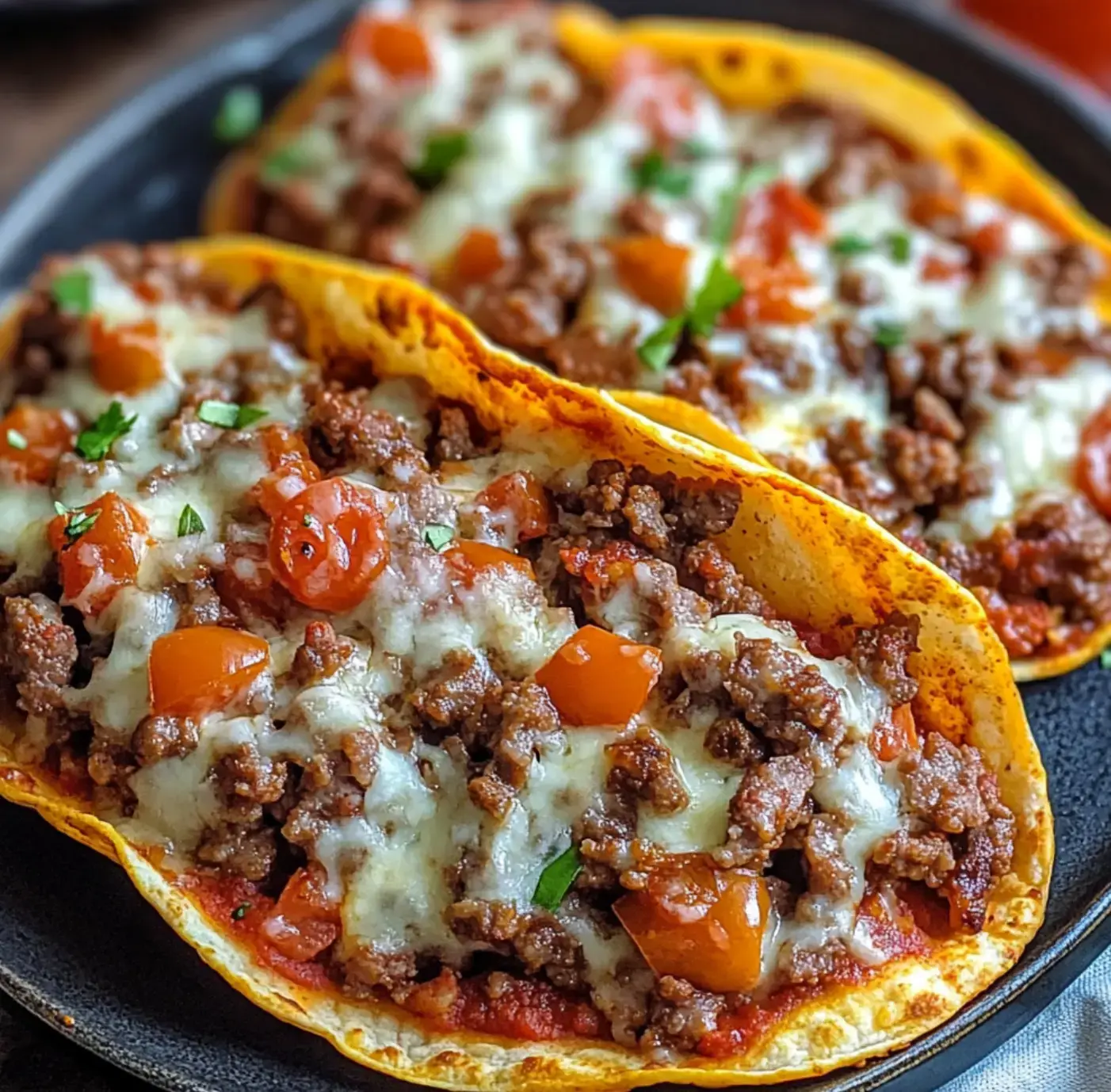 Two tortillas filled with seasoned beef, tomatoes, melted cheese, and parsley, placed on a dark dish.
