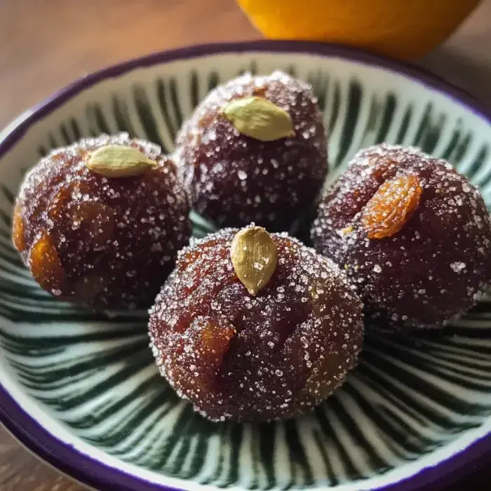 Sugar-coated sweets on a plate with dried fruit and cardamom next to an orange in the background.