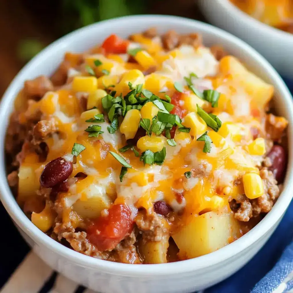 A bowl of chili loaded with shredded cheese, corn, and fresh herbs.