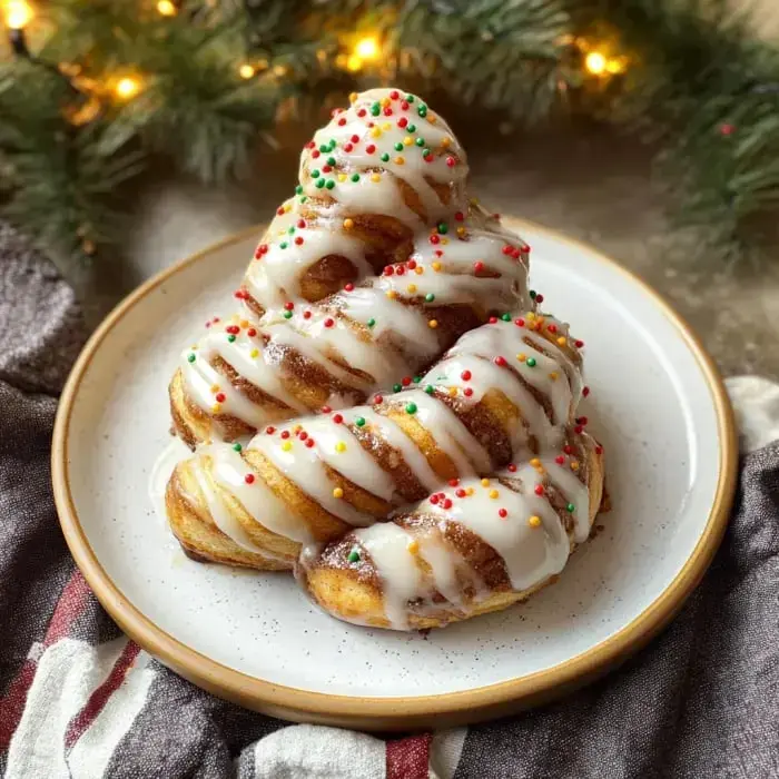 A pile of cinnamon rolls shaped like festive trees, drizzled with frosting and sprinkled with red and green decorations on a white plate.